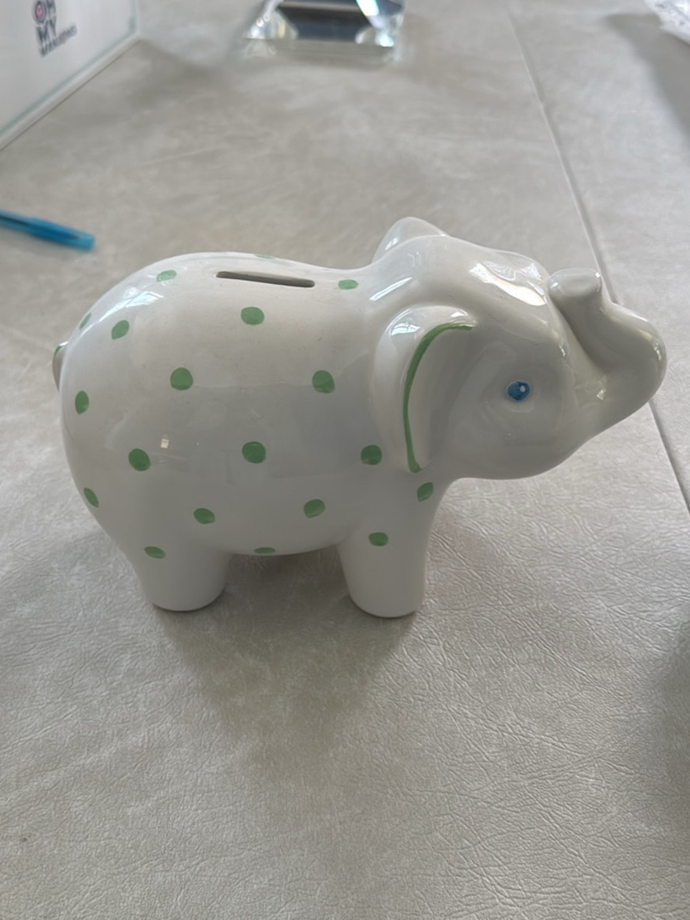 TIFFANY & CO Ceramic Elephant Coin Bank with Green Polka Dots